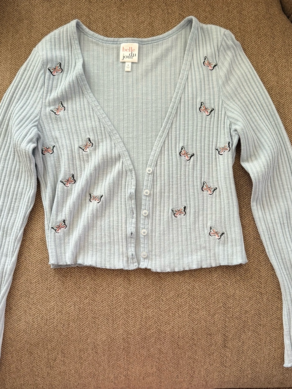 Belle Du Jour Light Blue Rib-Knit Butterfly Button Cardigan